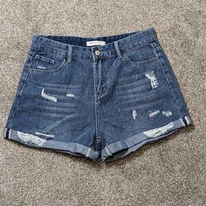 Women's "MissLook" Distressed, Cuffed High Rise Blue Denim Shorts; Size XL